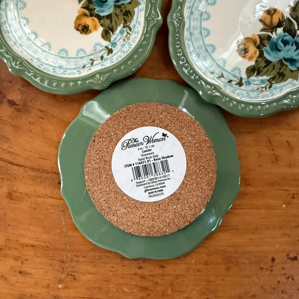 The Pioneer Woman Coasters Green Excellent Rose Shadow Stoneware 6pc